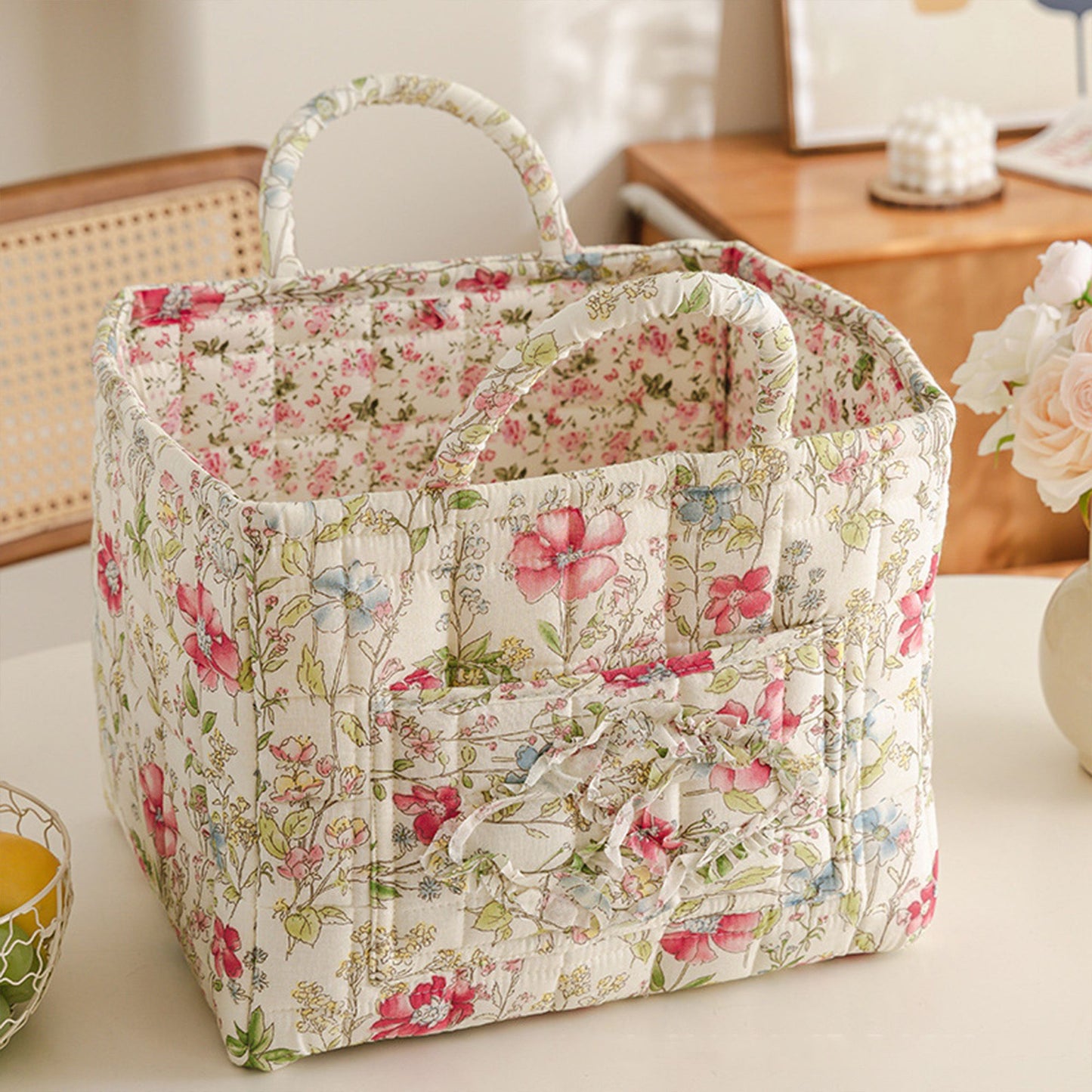 Fabric Storage Basket Quilted Cotton Organizer Bin with Floral Print Decorative Storage