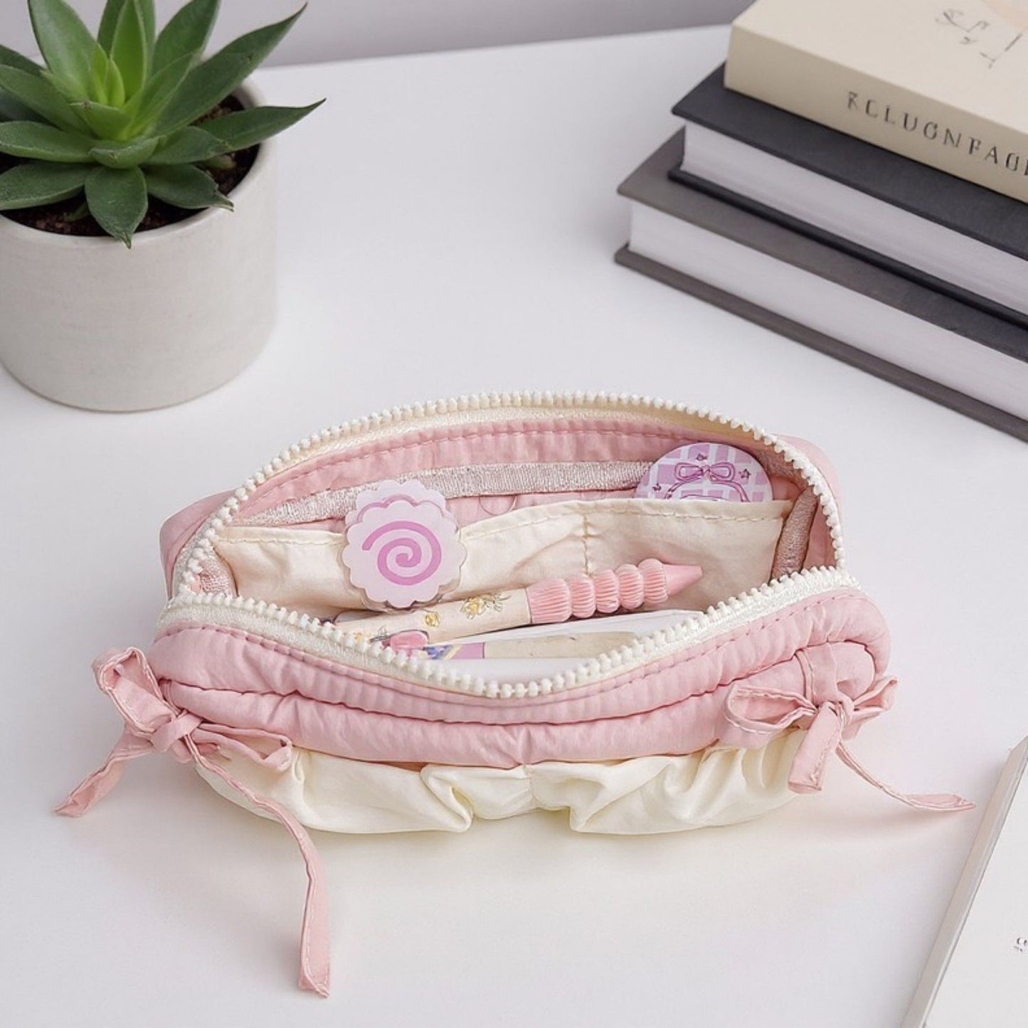Ruffled Ribbon Zipper Pouch with Dual Compartments and Soft Quilted Texture