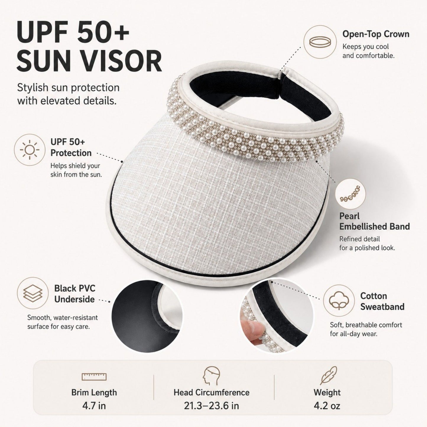 Wide Brim Visor Hat with Faux Pearl Embellished Band and Open Top Design