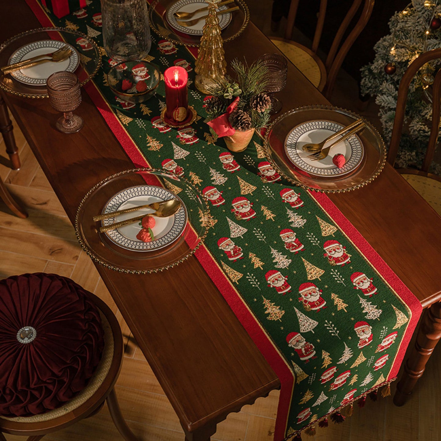 Christmas Patchwork Table Runner with Tassels for Holiday Dining Table Decor