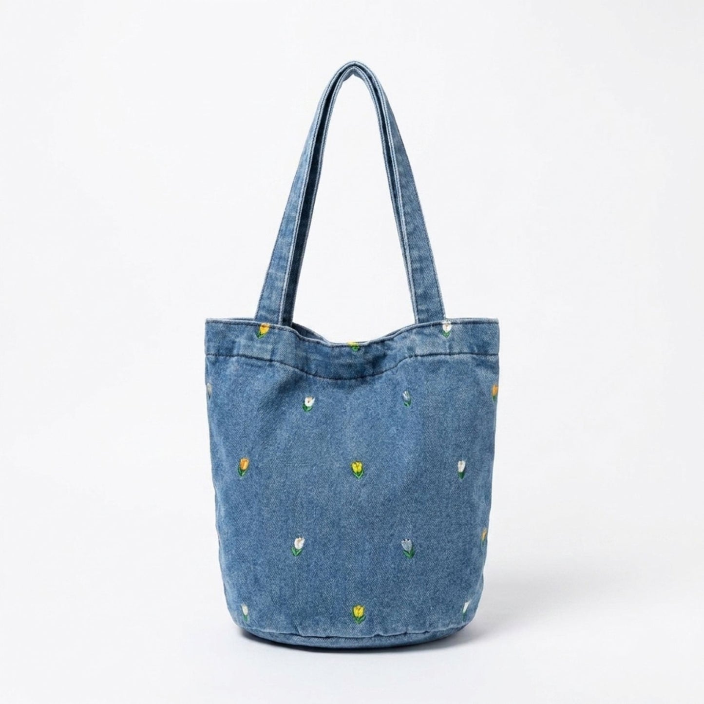 Embroidered Floral Bucket Tote Bag with Shoulder Handles