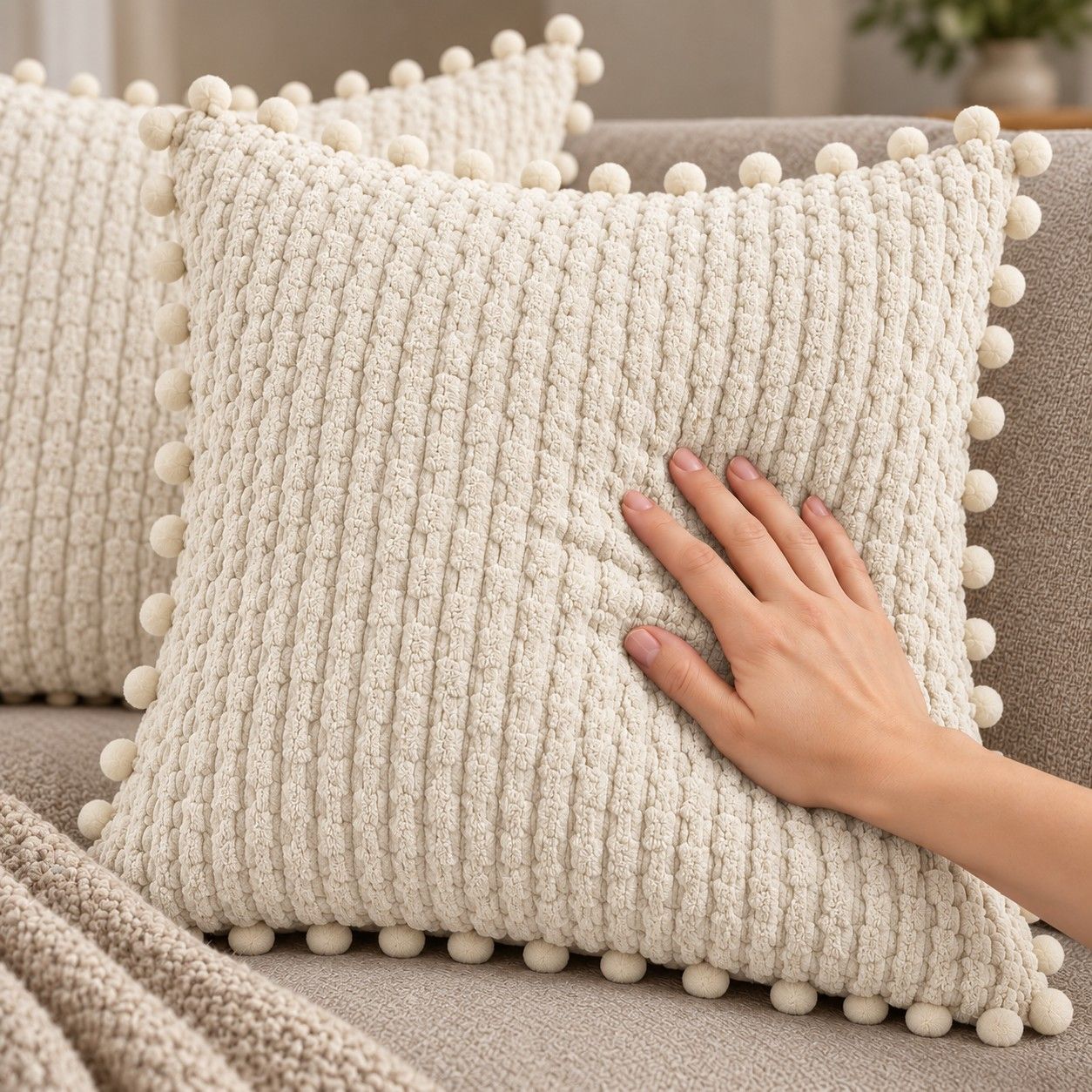 2 Pack Double Sided Corduroy Throw Pillow Covers 18 x 18 Inch with Pom Pom Trim