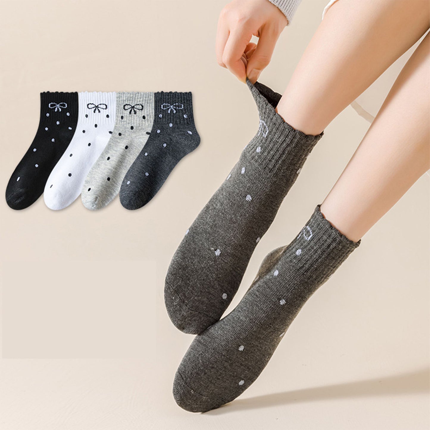 Soft Cotton Ankle Socks with Bow Embroidery Polka Dot Design 4 Pairs