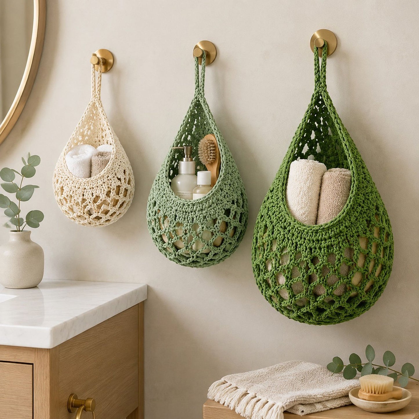 3pc Crochet Hanging Storage Basket Set Small Medium Large Wall Organizer Bins