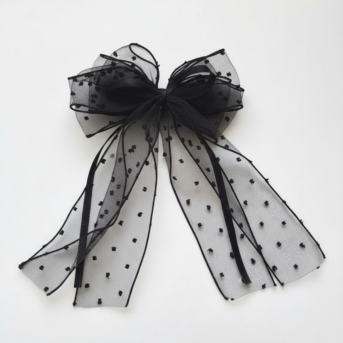 Sheer Polka Dot Bow Hair Clip with Layered Tulle Design and Long Ribbon Tails