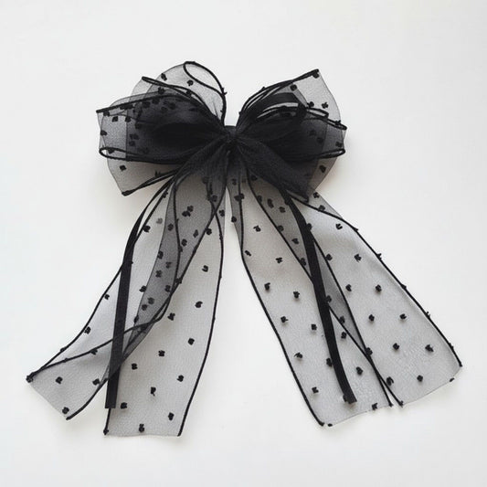 Sheer Polka Dot Bow Hair Clip with Layered Tulle Design and Long Ribbon Tails