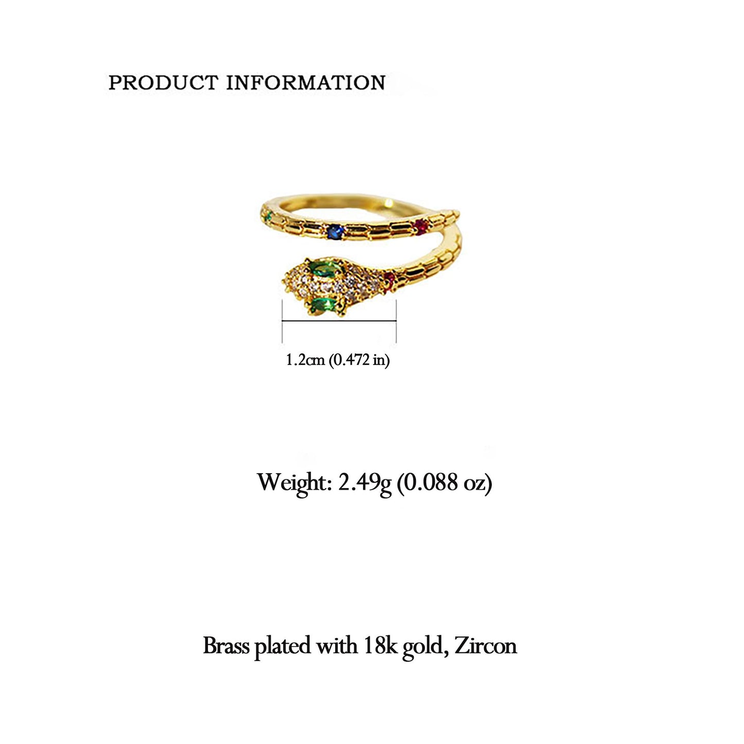 Women's Snake Statement Ring with Multi-Color Crystals - Adjustable Brass Animal Ring
