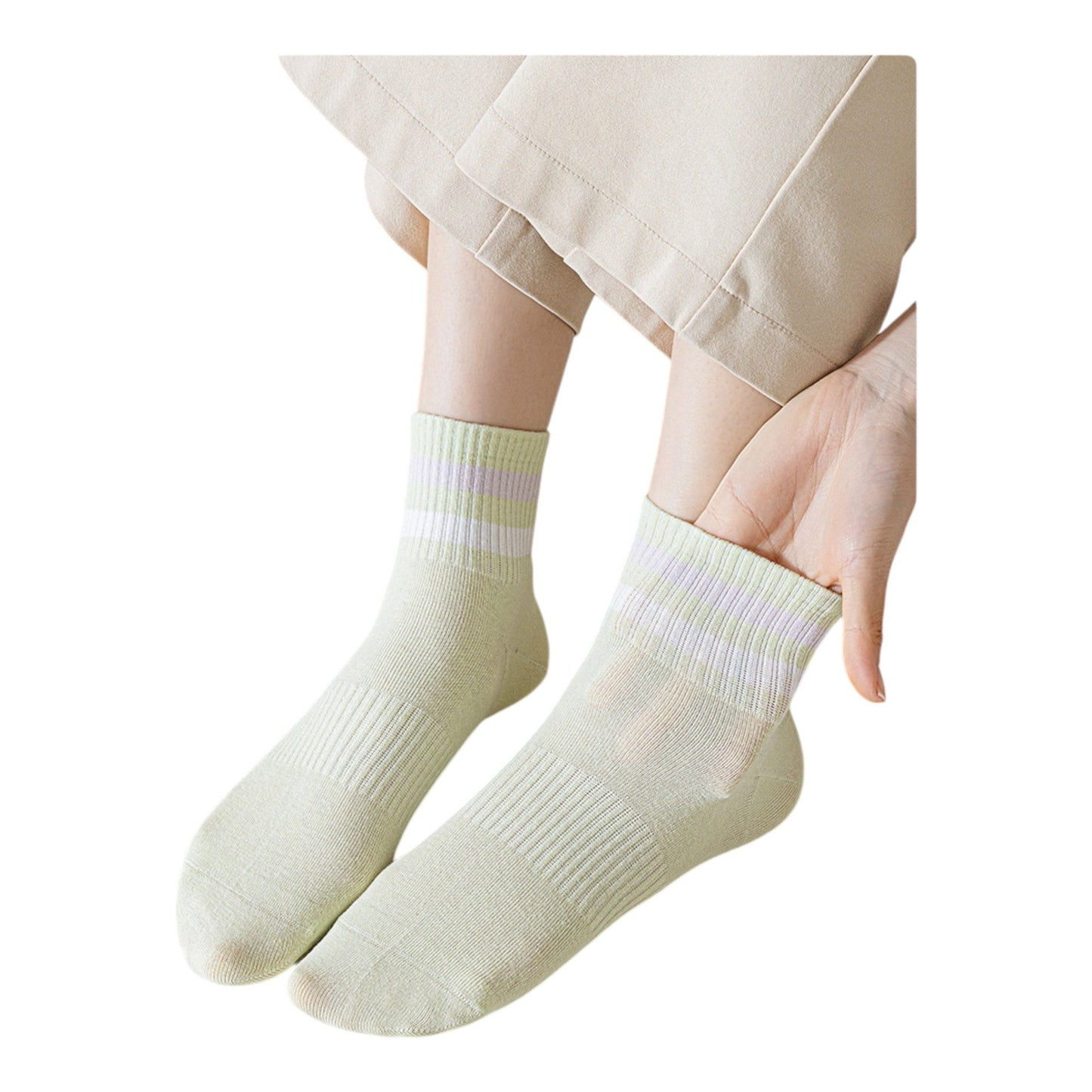 5 Pairs Women Cotton Ankle Socks with Pastel Striped Cuffs Soft Breathable Knit Fabric for Everyday Comfort