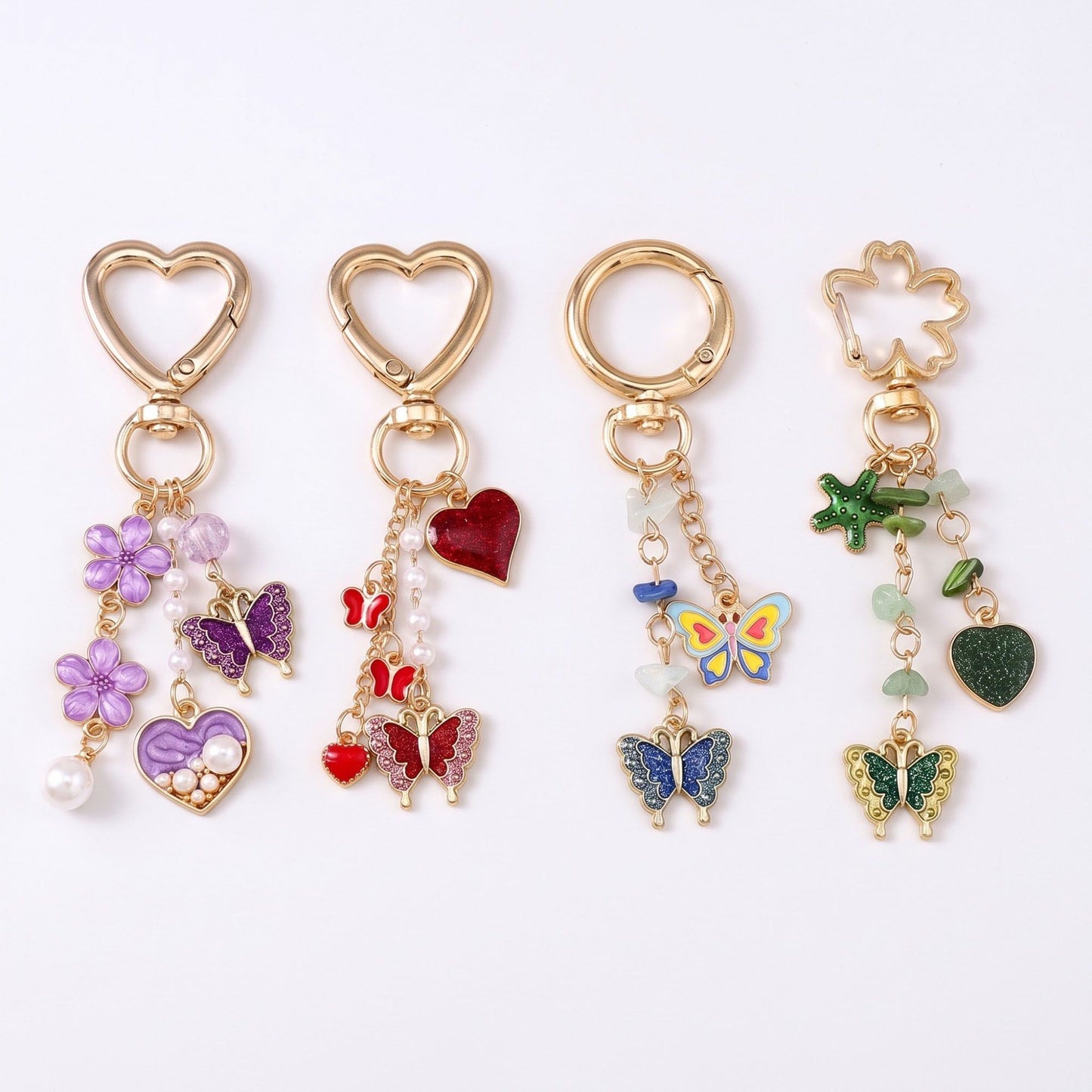 Enamel Butterfly & Floral Multi-Charm Bag Charm Key Chain 4-Piece Set