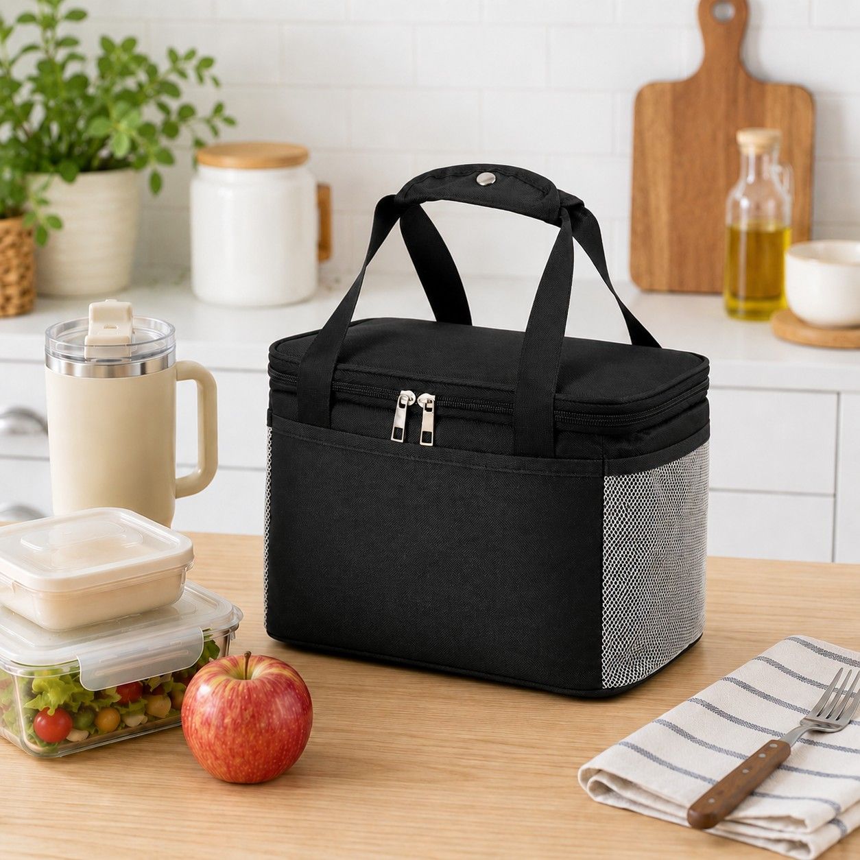 Insulated Lunch Tote Bag with Front Pocket Mesh Side Pockets and Dual Zipper