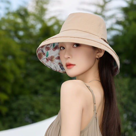 Women's Reversible Floral & Solid Bucket Sun Hat with Chin Strap