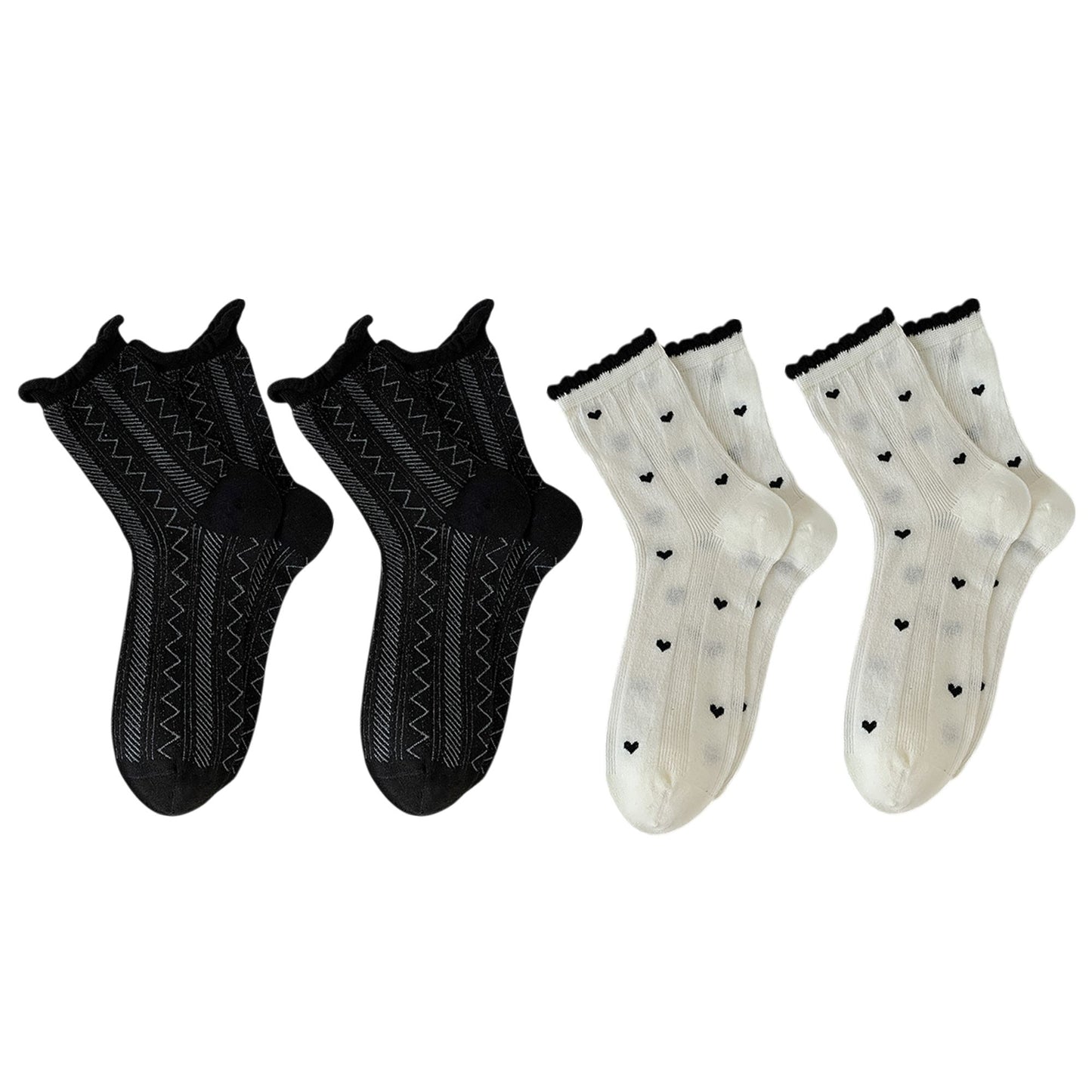 4 Pairs Crew Socks with Black and White Patterns Soft Cotton Texture Heart and Stripe for Flats and Dress Shoes