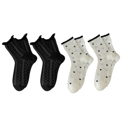 4 Pairs Crew Socks with Black and White Patterns Soft Cotton Texture Heart and Stripe for Flats and Dress Shoes