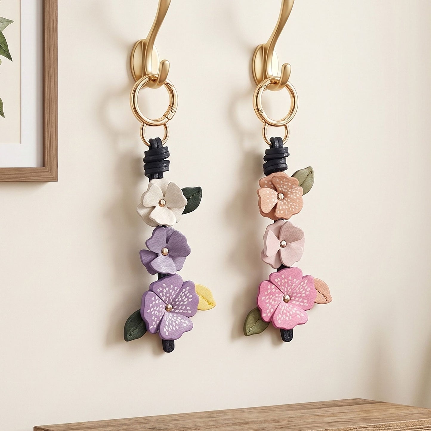 Floral Bag Charm with Three Dimensional Flowers and Key Ring