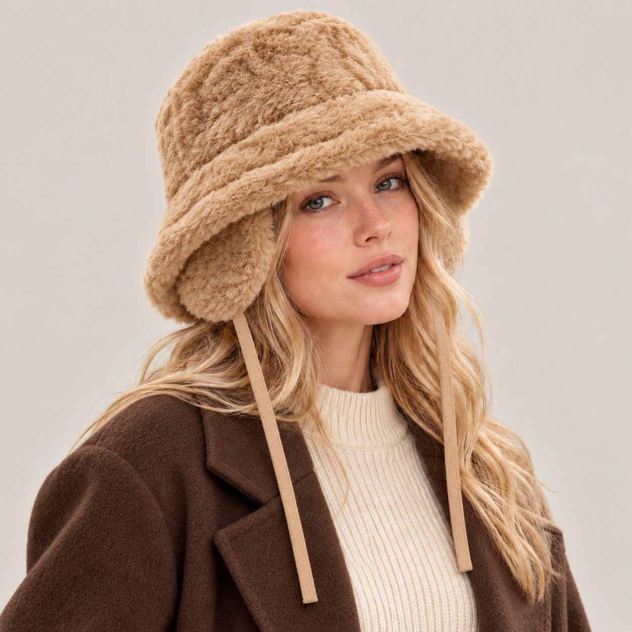 Plush Bucket Hat Removable Ear Flaps Tie Straps Fuzzy Winter Hat