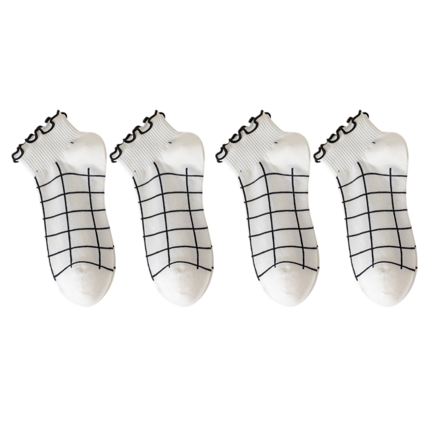 4 Pairs Ankle Socks with Ruffle Trim Cuff Featuring Cherry, Grid, Stripe, and Polka Dot Designs