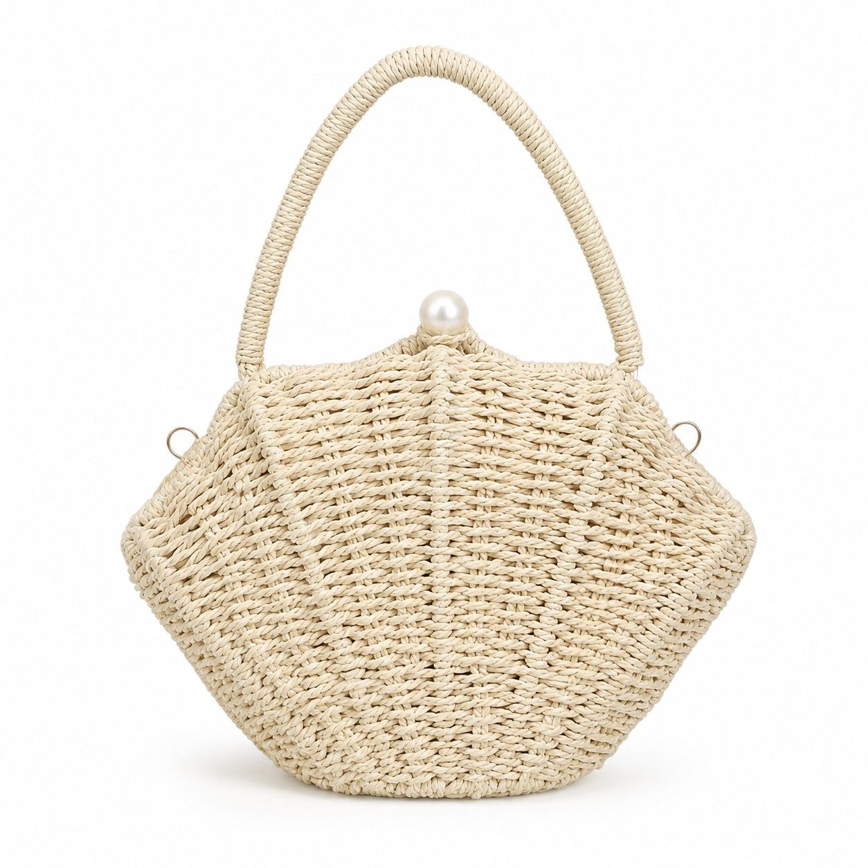 Shell Woven Top Handle Bag with Pearl Button and Detachable Chain Strap
