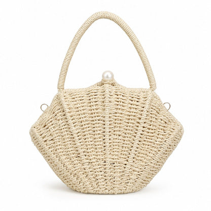 Shell Woven Top Handle Bag with Pearl Button and Detachable Chain Strap