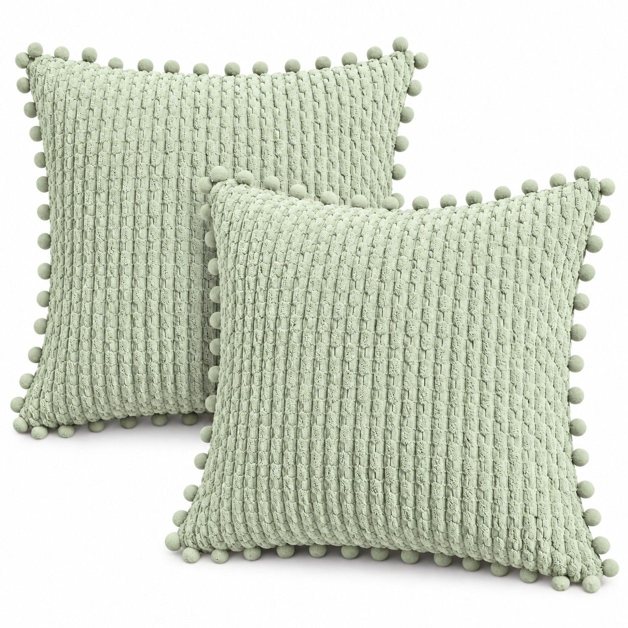 2 Pack Double Sided Corduroy Throw Pillow Covers 18 x 18 Inch with Pom Pom Trim