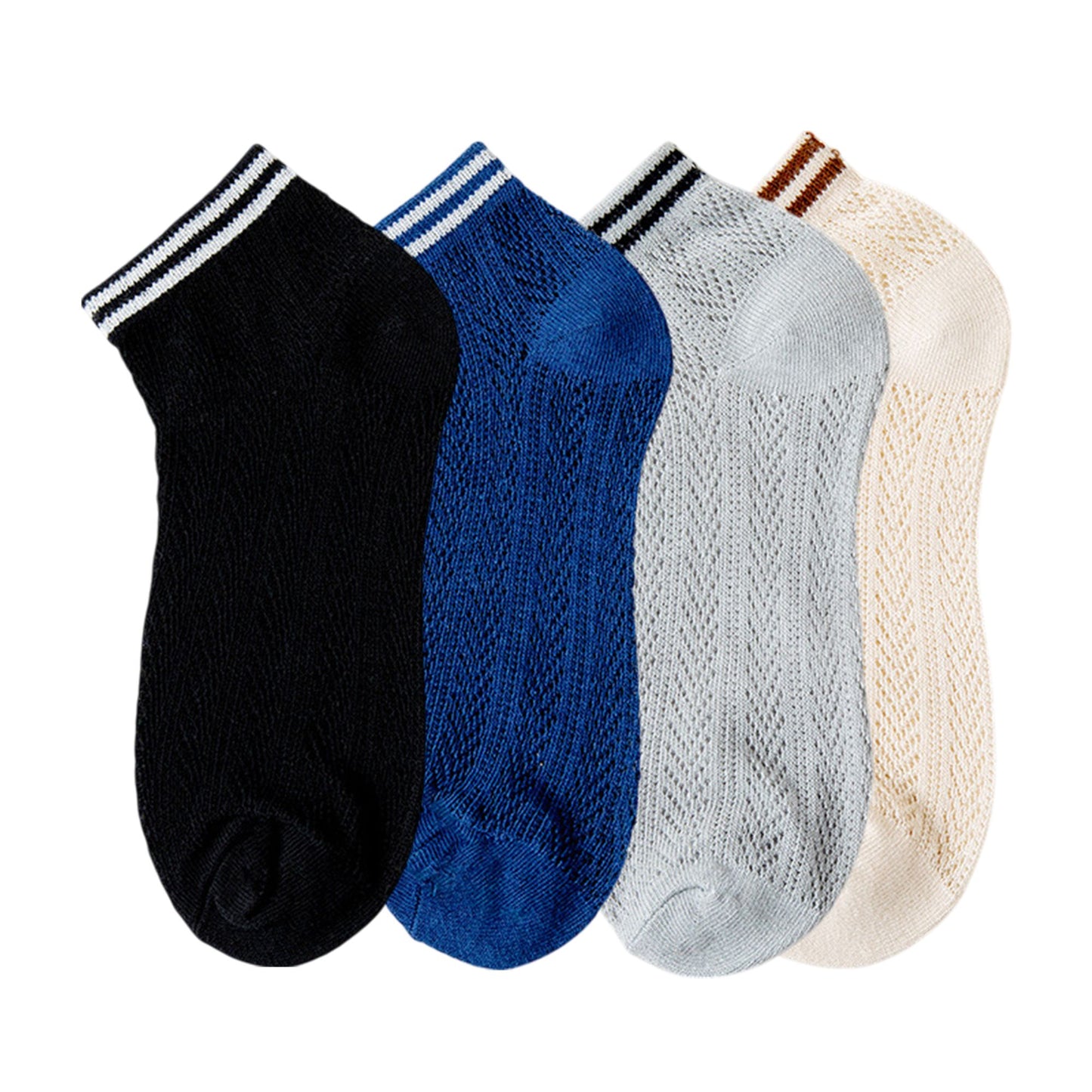 4-Pair Pack Lightweight Mesh Ankle Socks with Striped Cuffs Breathable Knit Texture