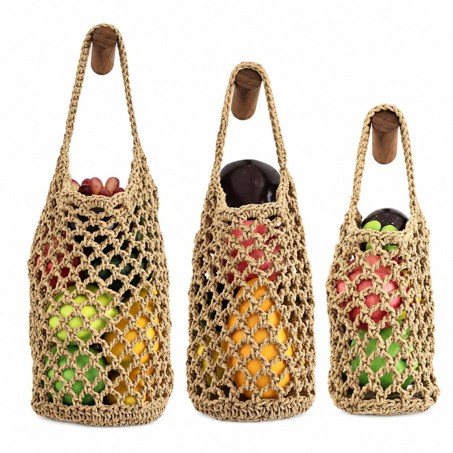 Macrame Hanging Produce Basket Set Woven Cotton Rope Storage Organizer