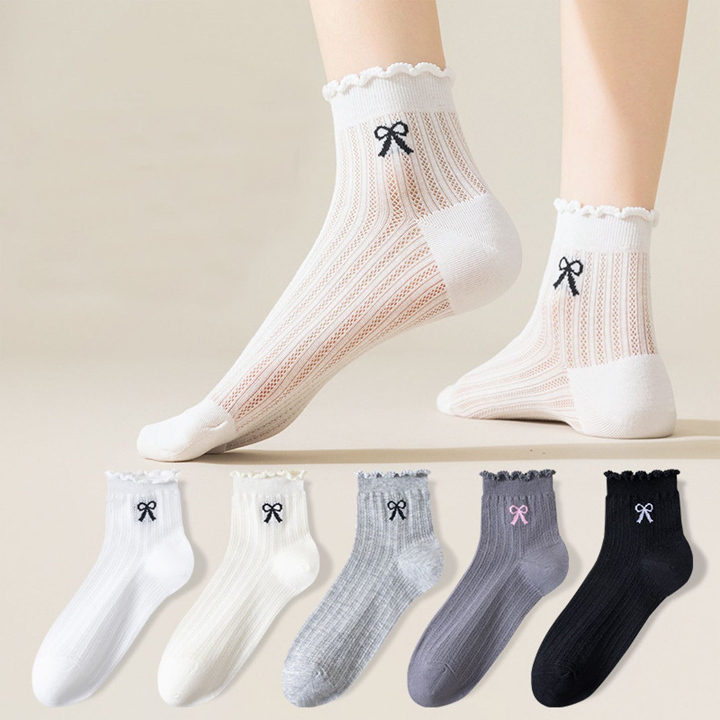 4-Pair Pack Sheer Ribbed Ankle Socks with Ruffled Trim and Embroidered Bow Detail in Multiple Color Combinations