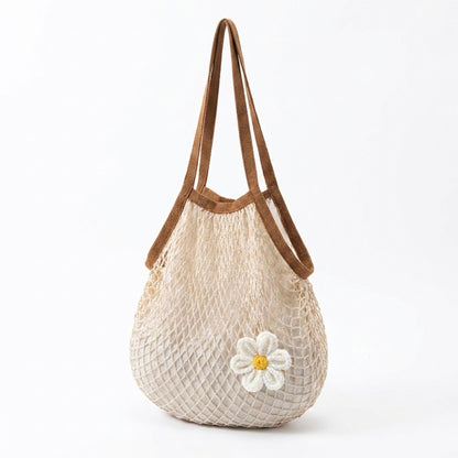Crochet Style Net Tote Bag with Daisy Accent and Shoulder Straps