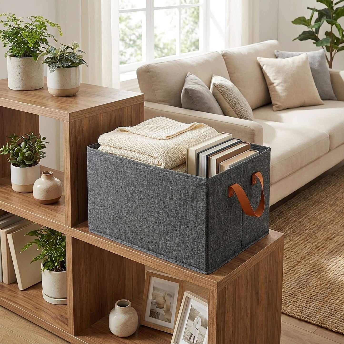 Foldable Fabric Storage Bin with Open Top and Carry Handles