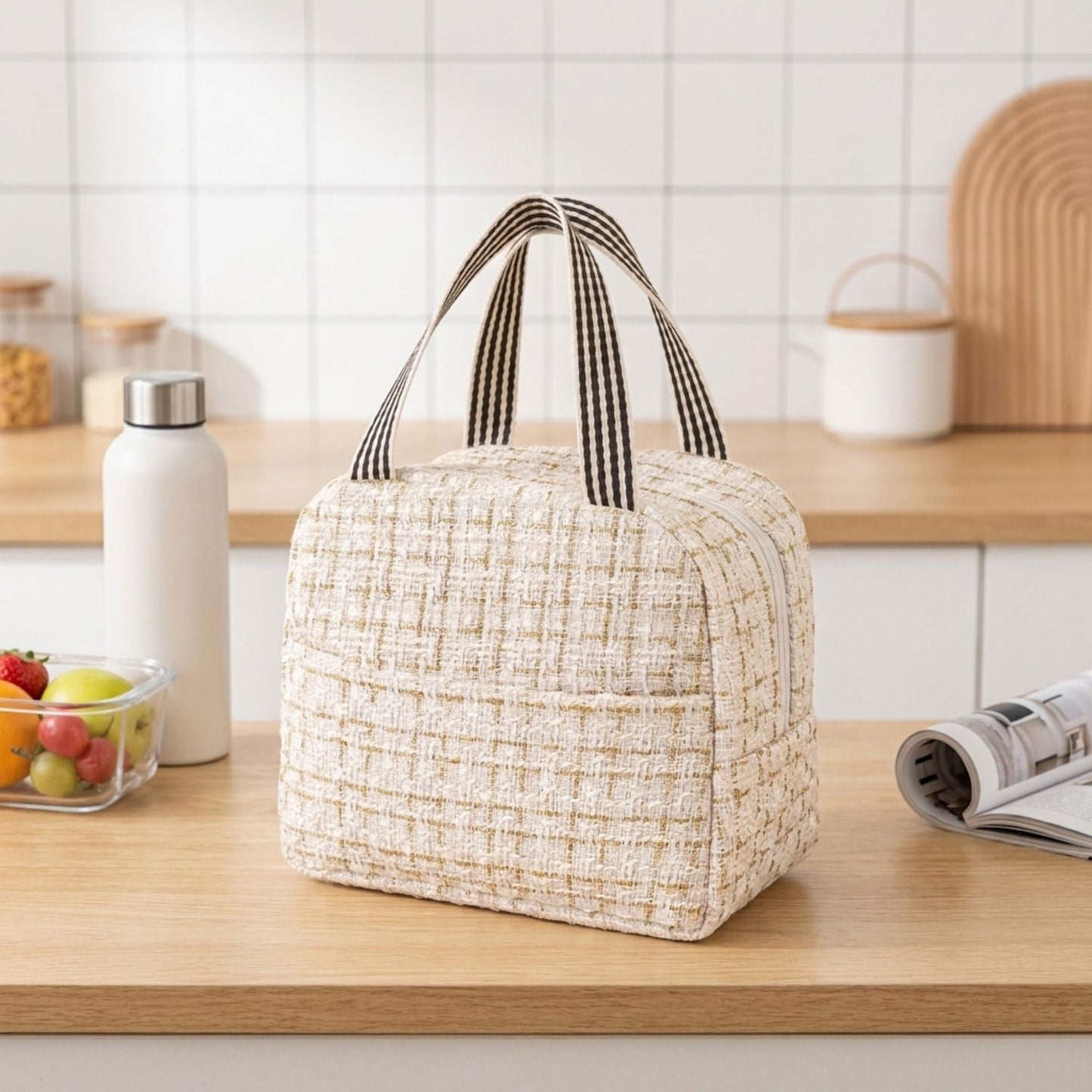 Reusable Lunch Bag Large Capacity Zipper Tote with Striped Handles