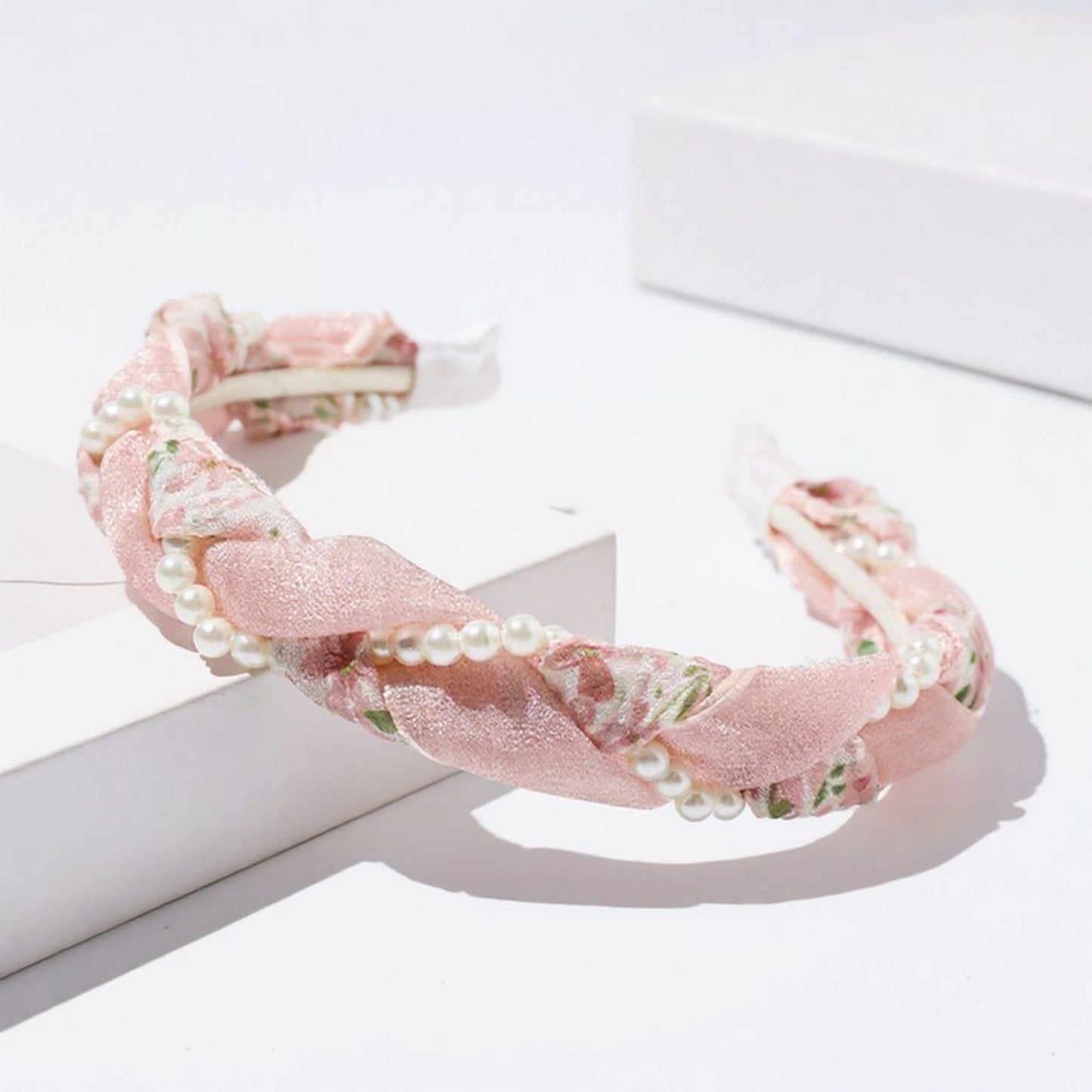 2pcs Twisted Floral Fabric Headband with Pearl Embellishment and Knotted Design 6x6.3in
