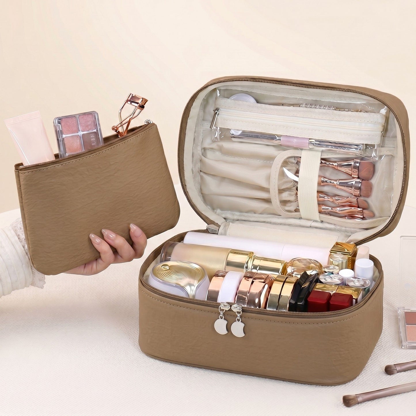 Travel Makeup Organizer Case with Removable Cosmetic Pouch Waterproof Storage Bag Set