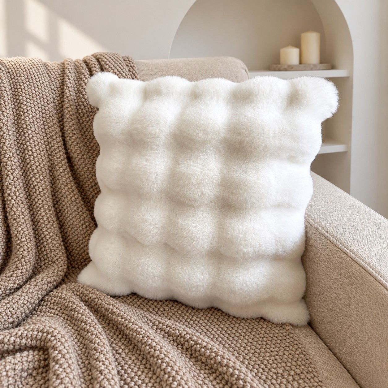 Double Sided Plush Faux Fur Throw Pillow Cover 18 x 18 Inch Bubble Texture