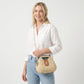 Round Woven Top Handle Crossbody Bag with Button Closure and Chain Strap