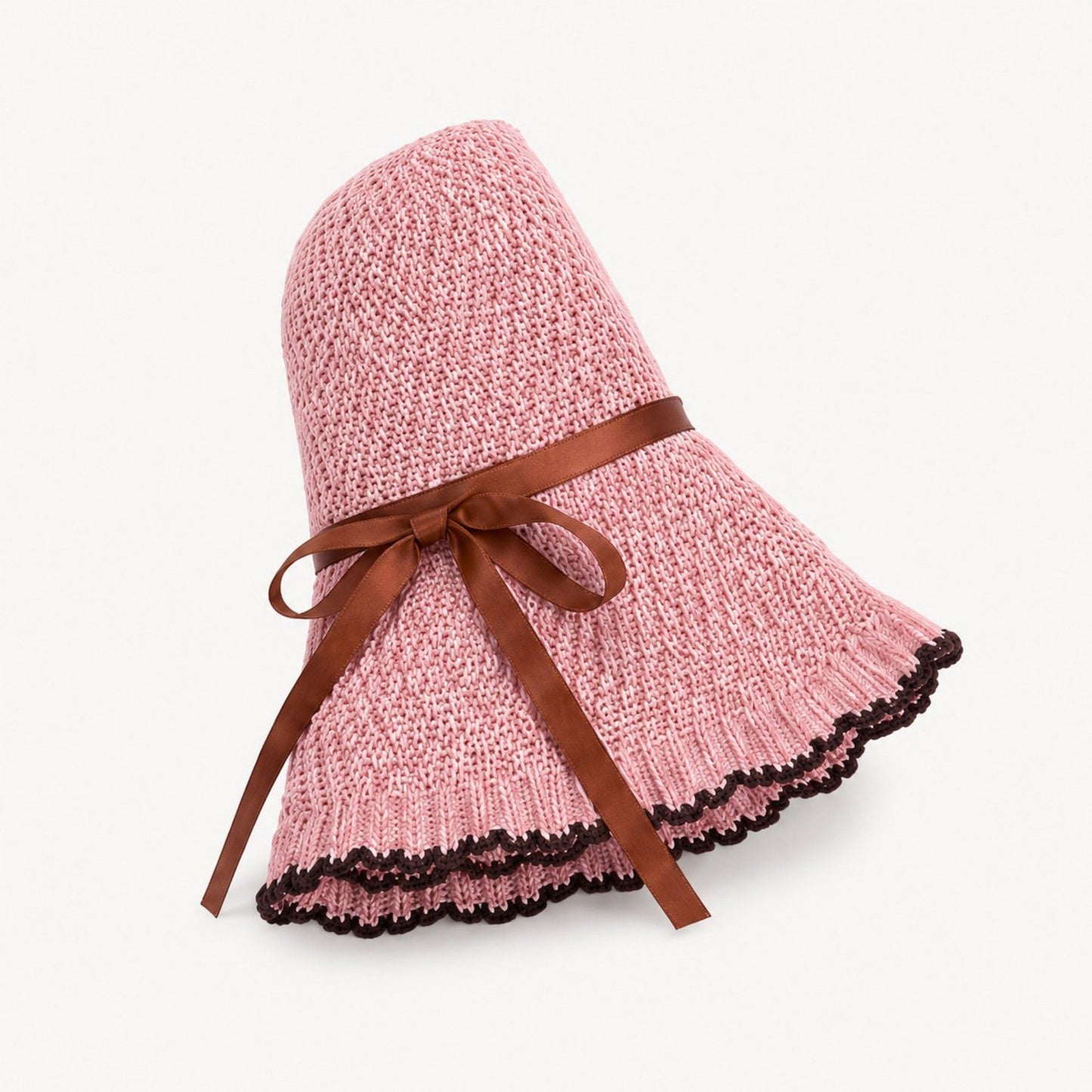 Woven Bucket Hat with Scalloped Brim Ribbon Band and Bow Tie Accent