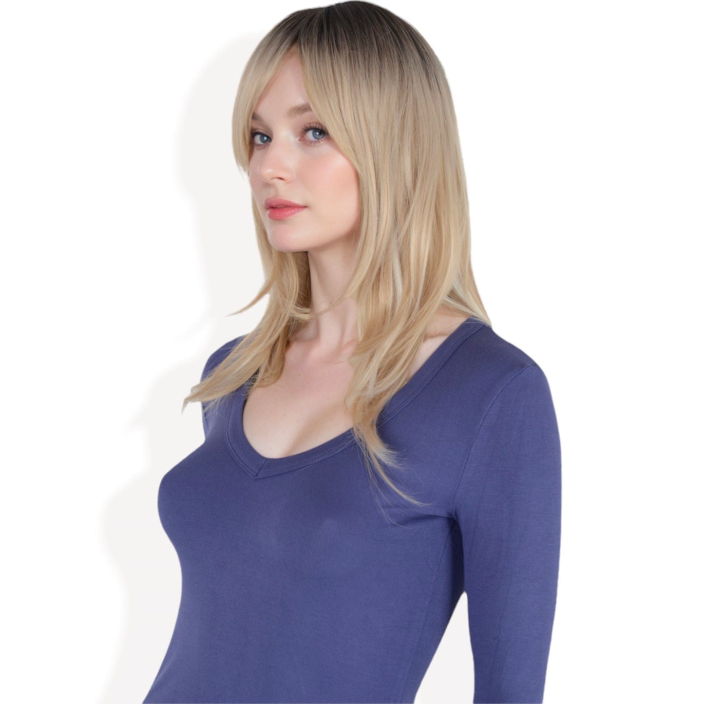 Long Blonde Wig with Curtain Bangs and Dark Roots  Heat Resistant Synthetic Layered Wig for Women