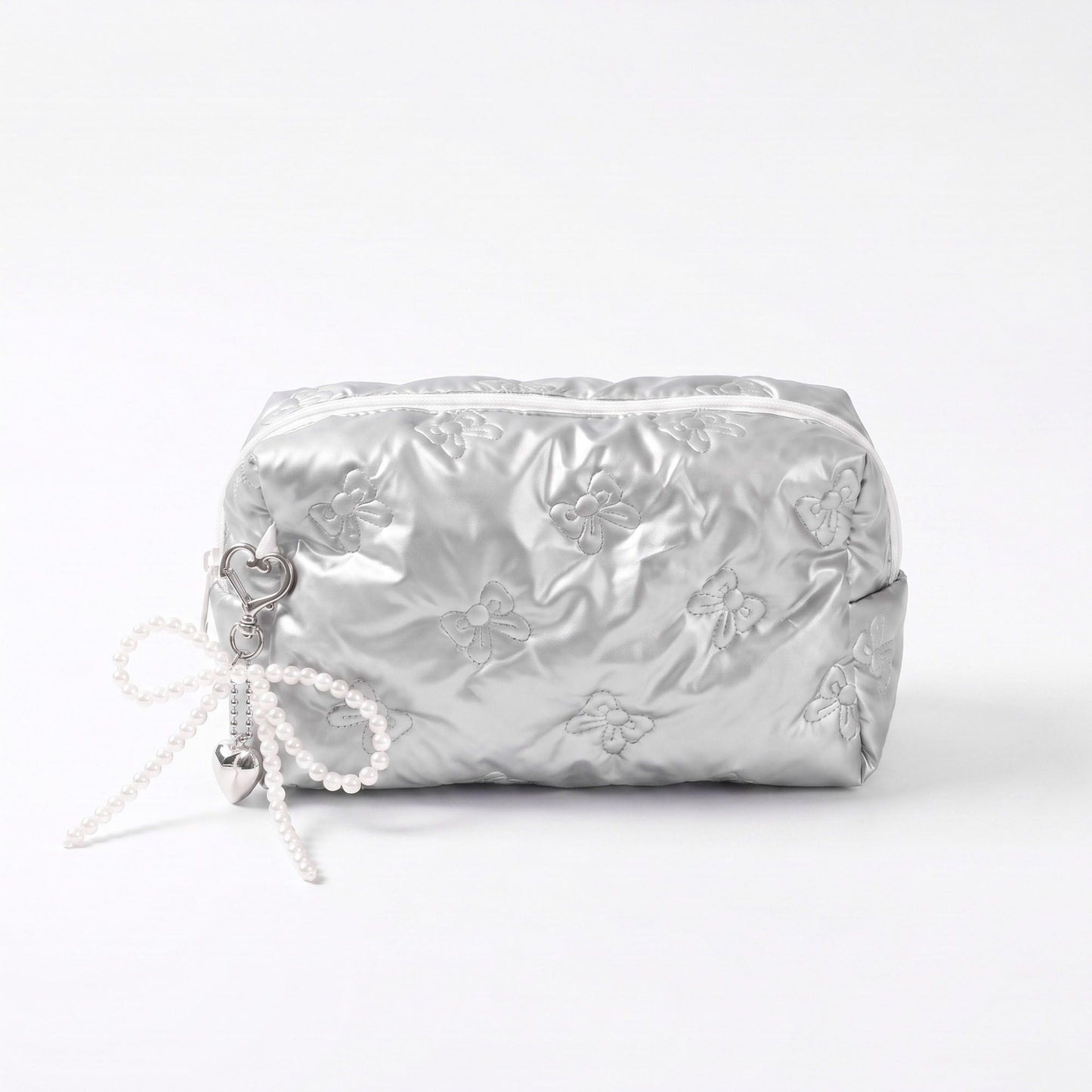 Womens Quilted Bow Makeup Bag with Pearl Charm Cosmetic Pouch