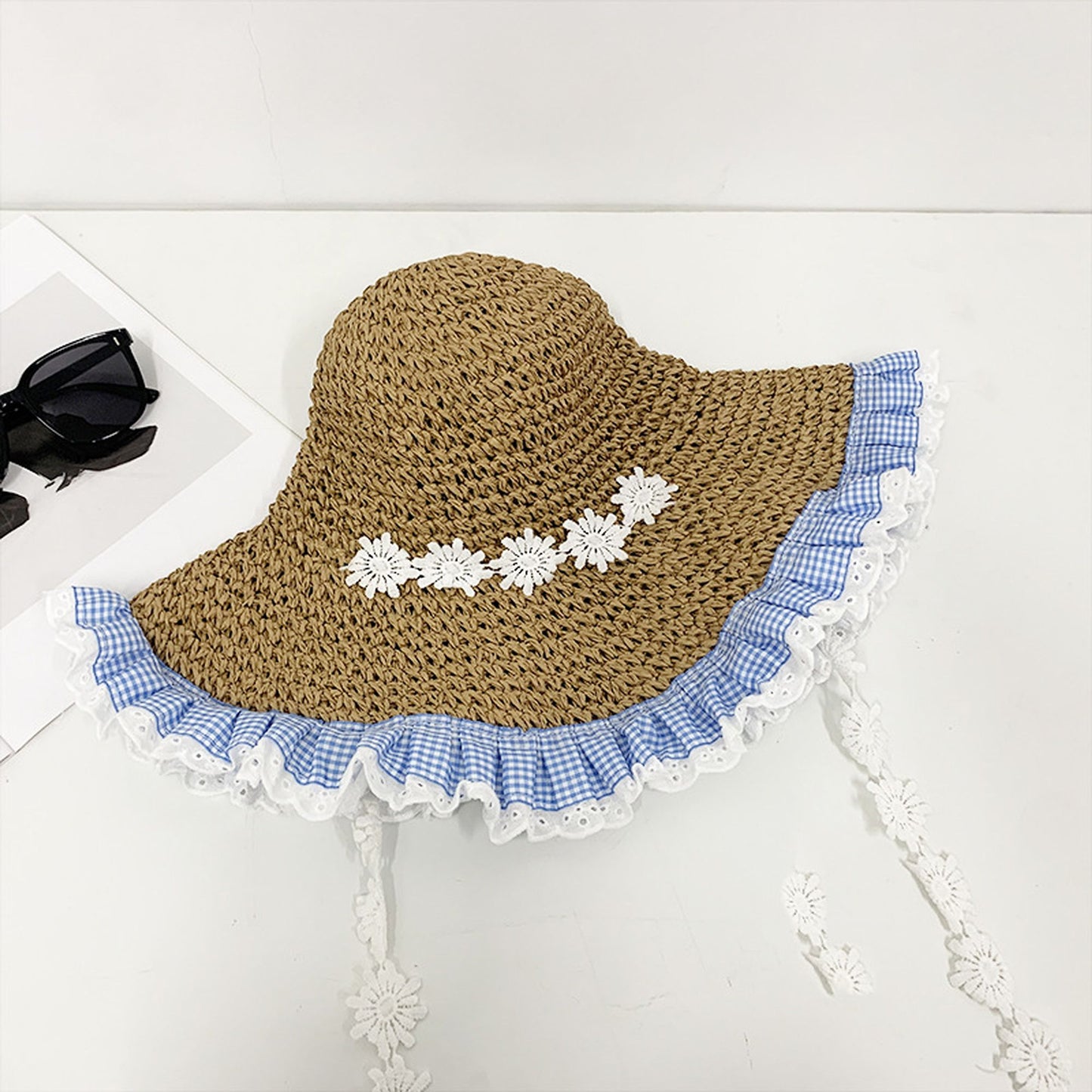 Straw Sun Hat with Gingham & Lace Trim