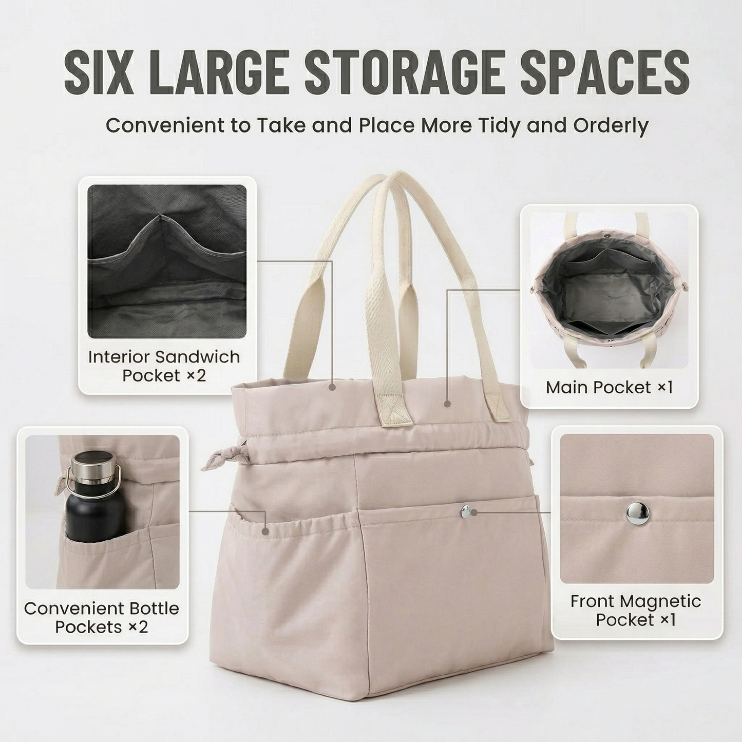 Multi Pocket Top Handle Tote Bag Large Capacity Zip Closure Lightweight Travel Organizer