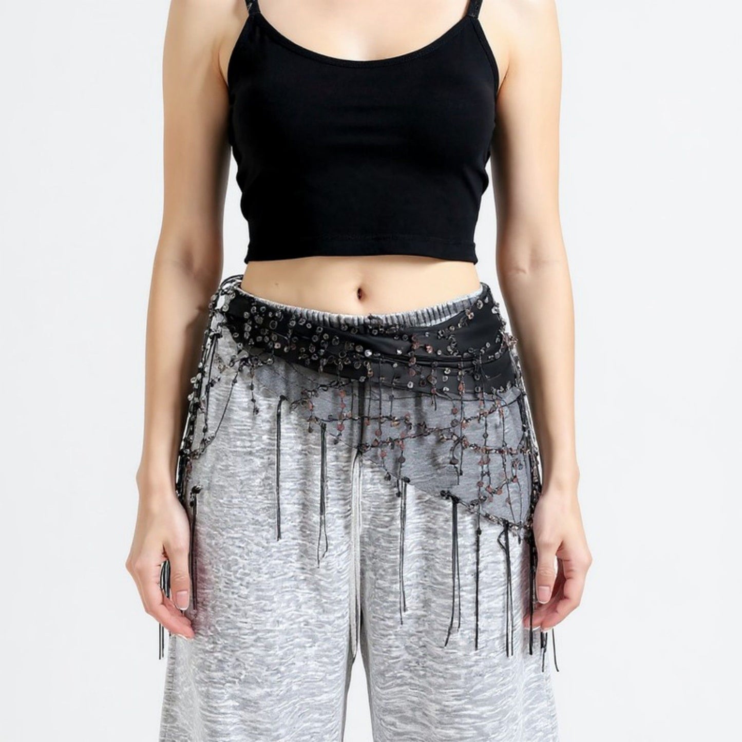 Sheer Mesh Sequin Fringe Hip Scarf Belt Wrap with Asymmetrical Hem 59in