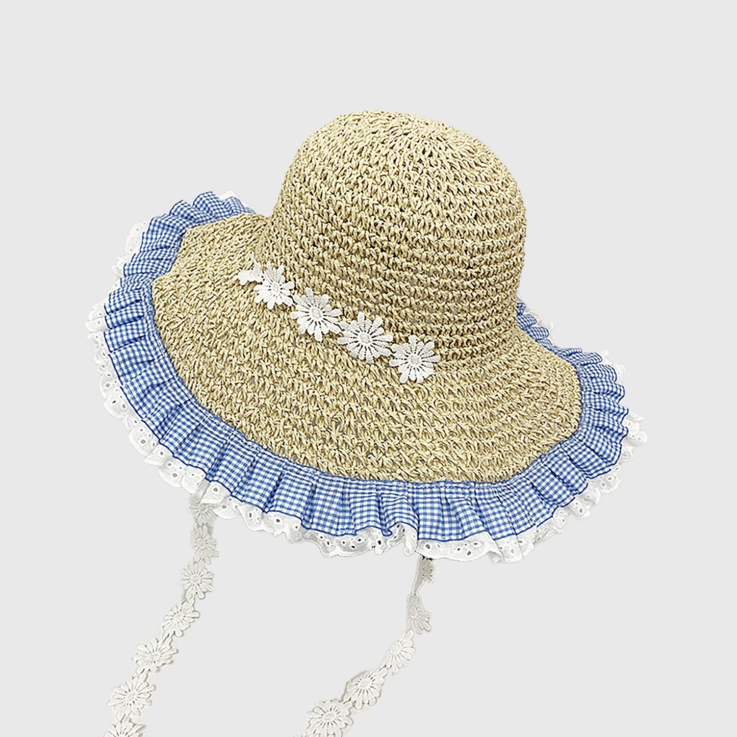 Straw Sun Hat with Gingham & Lace Trim
