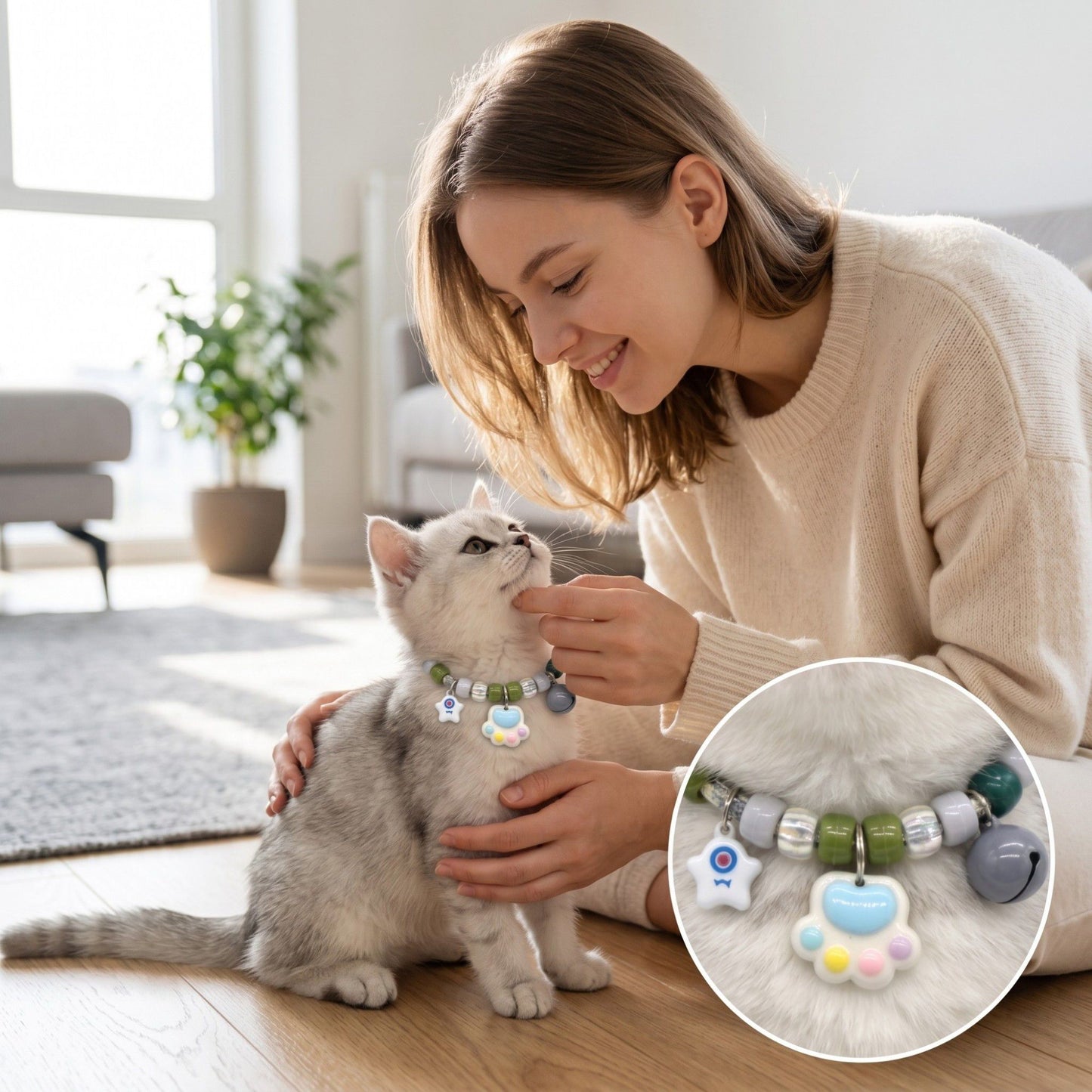 Adjustable Pet Collar with Bell Paw Charm Beaded Necklace Colorful Decorative Collar for Cats and Small Dogs