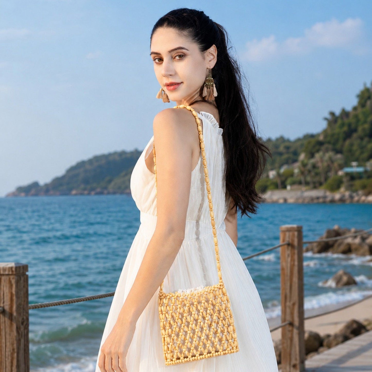 Hand-Crafted Wooden Beaded Crossbody Bag for Women - Lightweight Geometric Pattern Purse