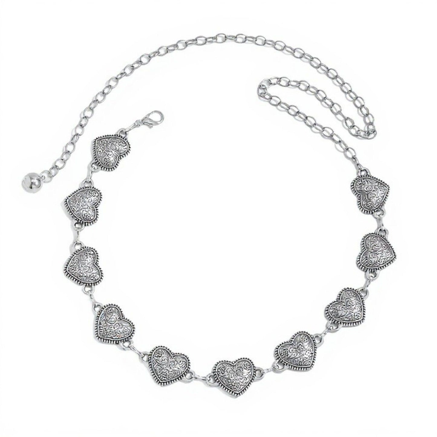Heart Link Chain Belt with Textured Metal Design and Adjustable Fit 45.5in Valentine