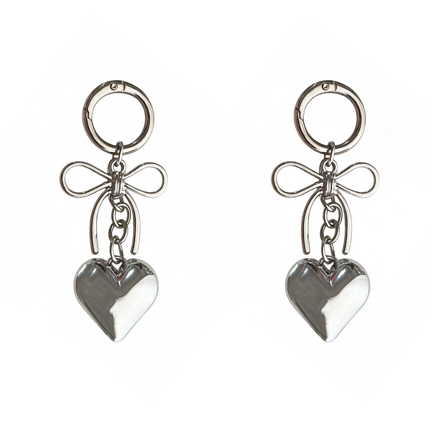 2 Pack Metal Heart Keychain with Bow Accent Clip and Polished Bag Charm Pendant