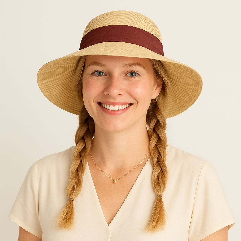 Women's Woven Floppy Sun Hat with Wide Ribbon Knot Detail and Curved Brim