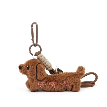 2-Piece Dachshund Plush Bag Charm Keychain Bow Embroidery Rope Loop Purse Accessory