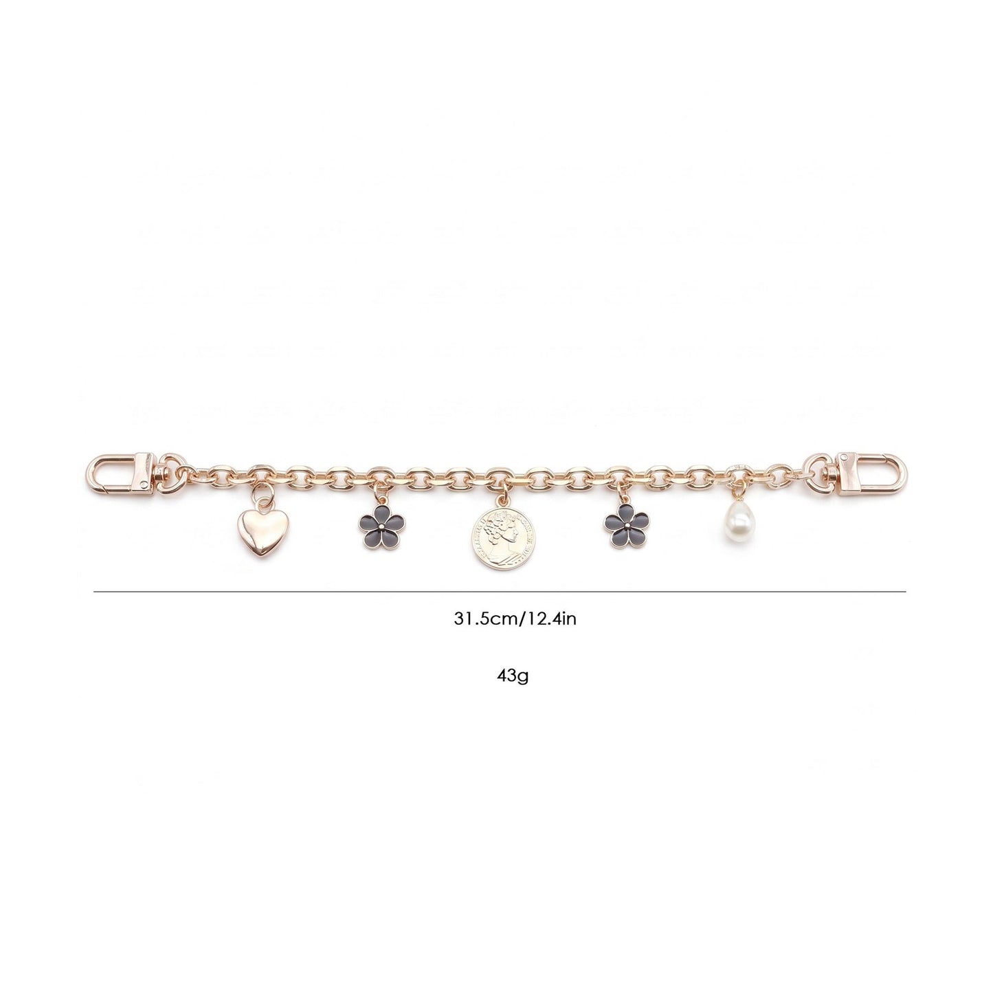 Gold Tone Bag Charm Chain with Black Flower Heart Pearl and Coin Style Charms