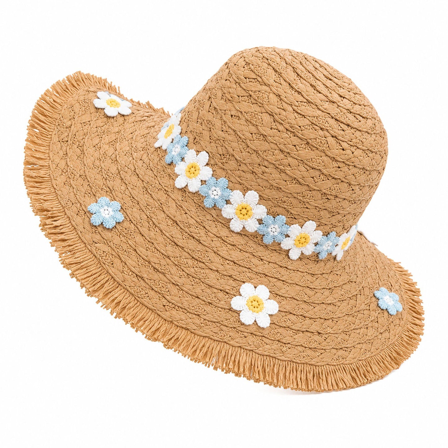 Braided Straw Sun Hat with Floral Applique Trim and Fringe Brim Design