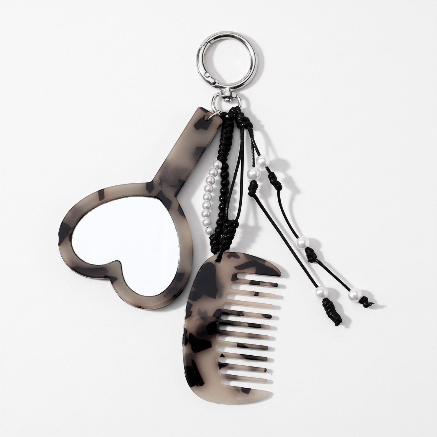 Beaded Keychain Bag Charm with Heart Mirror and Mini Comb