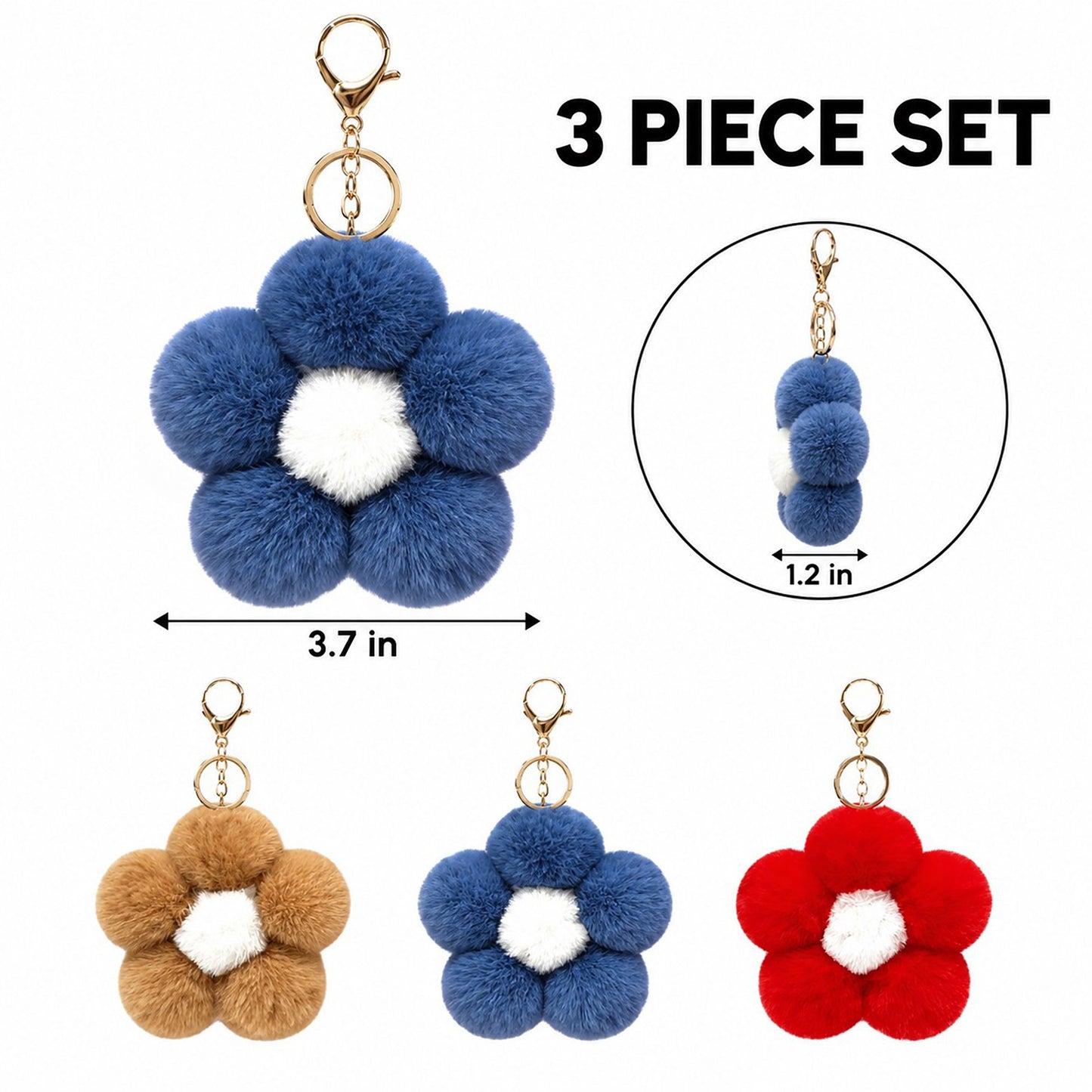 Fluffy Flower Pom Pom Keychain Cute Faux Fur Bag Charm Set